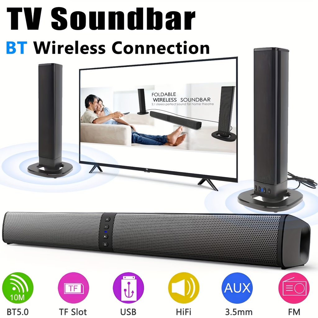 Separable All-in-One Home Theater Sound Bar, Surround Sound System TV Soundbar with 4pcs 5W Magnetic Speakers and 1pc Echo Tube, Supports Wireless, AUX Connection for PC/Gaming/Projectors, TWS, Black