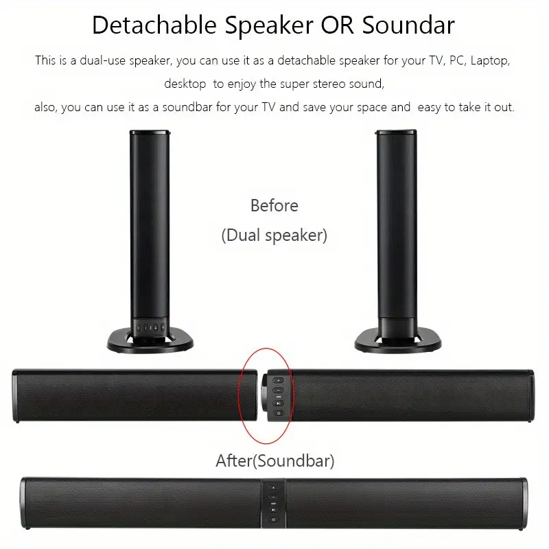 Separable All-in-One Home Theater Sound Bar, Surround Sound System TV Soundbar with 4pcs 5W Magnetic Speakers and 1pc Echo Tube, Supports Wireless, AUX Connection for PC/Gaming/Projectors, TWS, Black