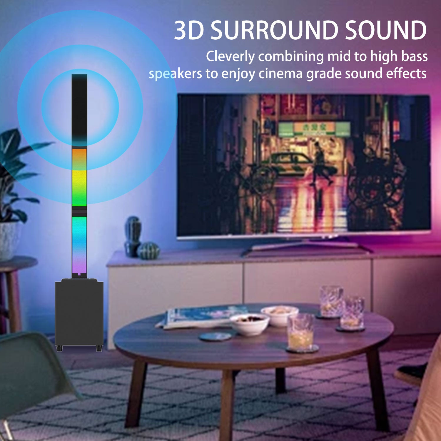 Bluetooth Soundbar With RGB Subwoofer,Heavy Bas  2.1Suround Sound System, Vertical TV speaker, Home Theater Stereo, Bluetooth 5.0, RCA/AUX/USB/HD(ARC)/Optical Connection