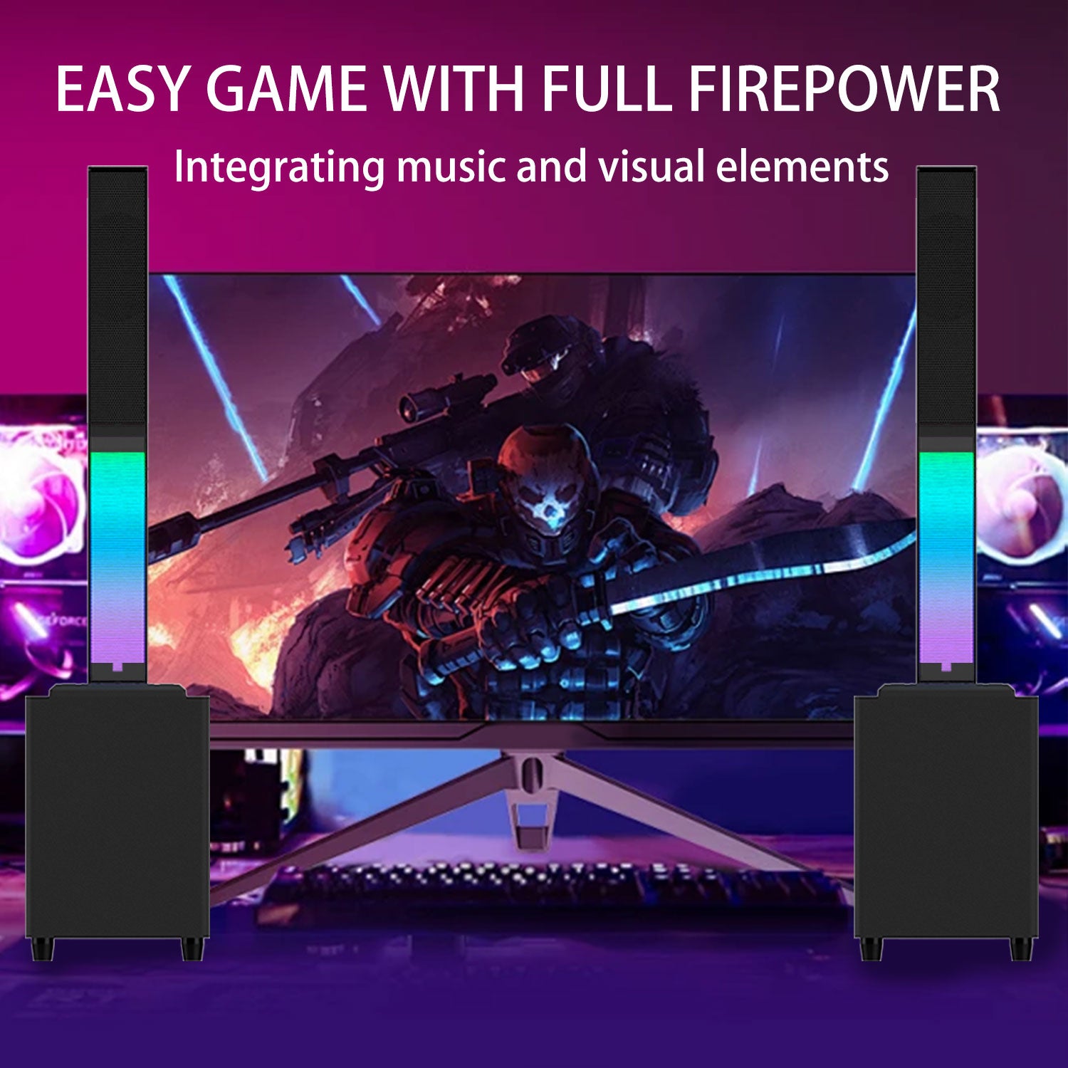 Bluetooth Soundbar With RGB Subwoofer,Heavy Bas  2.1Suround Sound System, Vertical TV speaker, Home Theater Stereo, Bluetooth 5.0, RCA/AUX/USB/HD(ARC)/Optical Connection