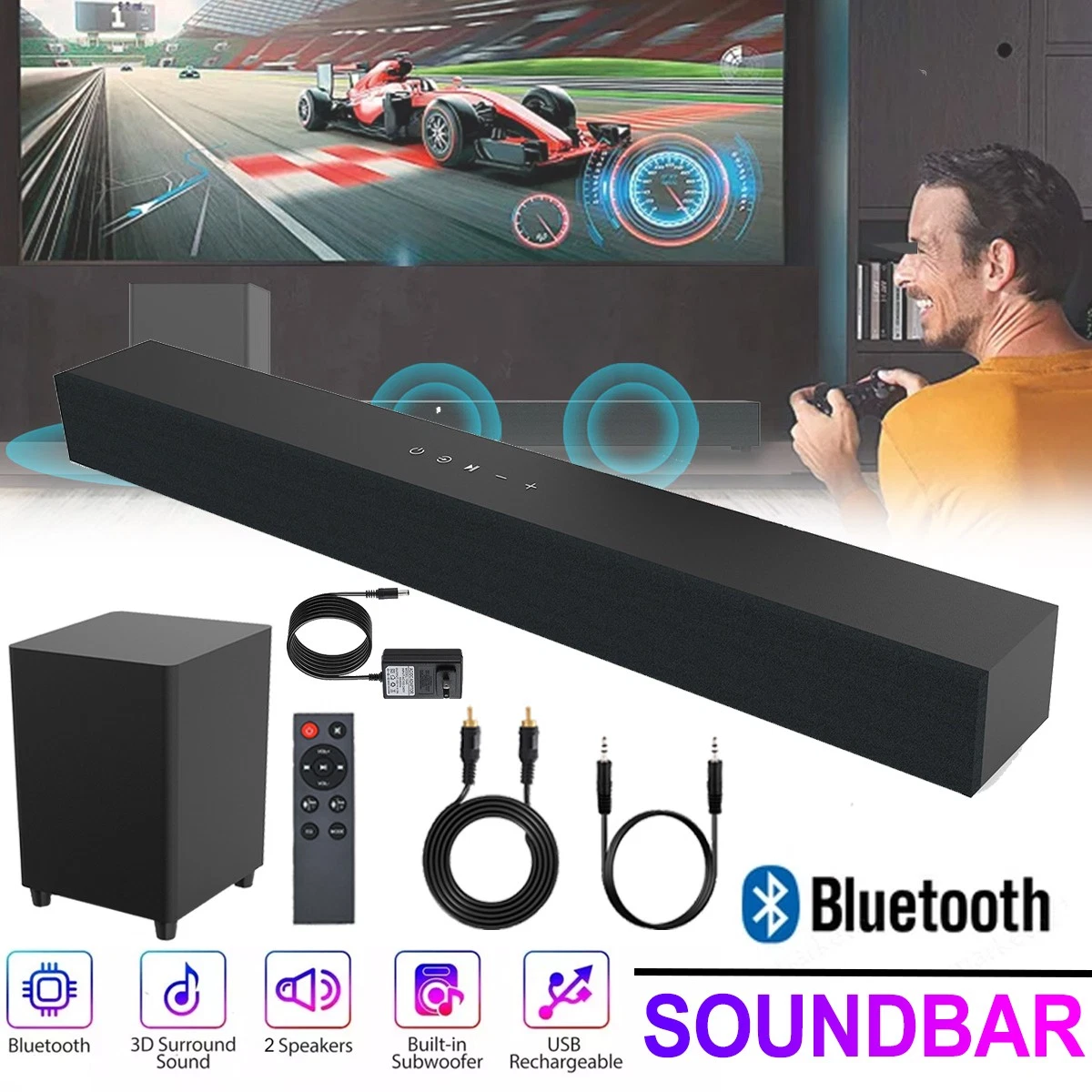 Bluetooth Soundbar With Subwoofer, 2.1 Heavy Bass Surround Sound System, TV Speaker, Home Theater Stereo, Bluetooth 5.0, AUX/USB/Optical/HD(ARC) Connection Audio Smartphone