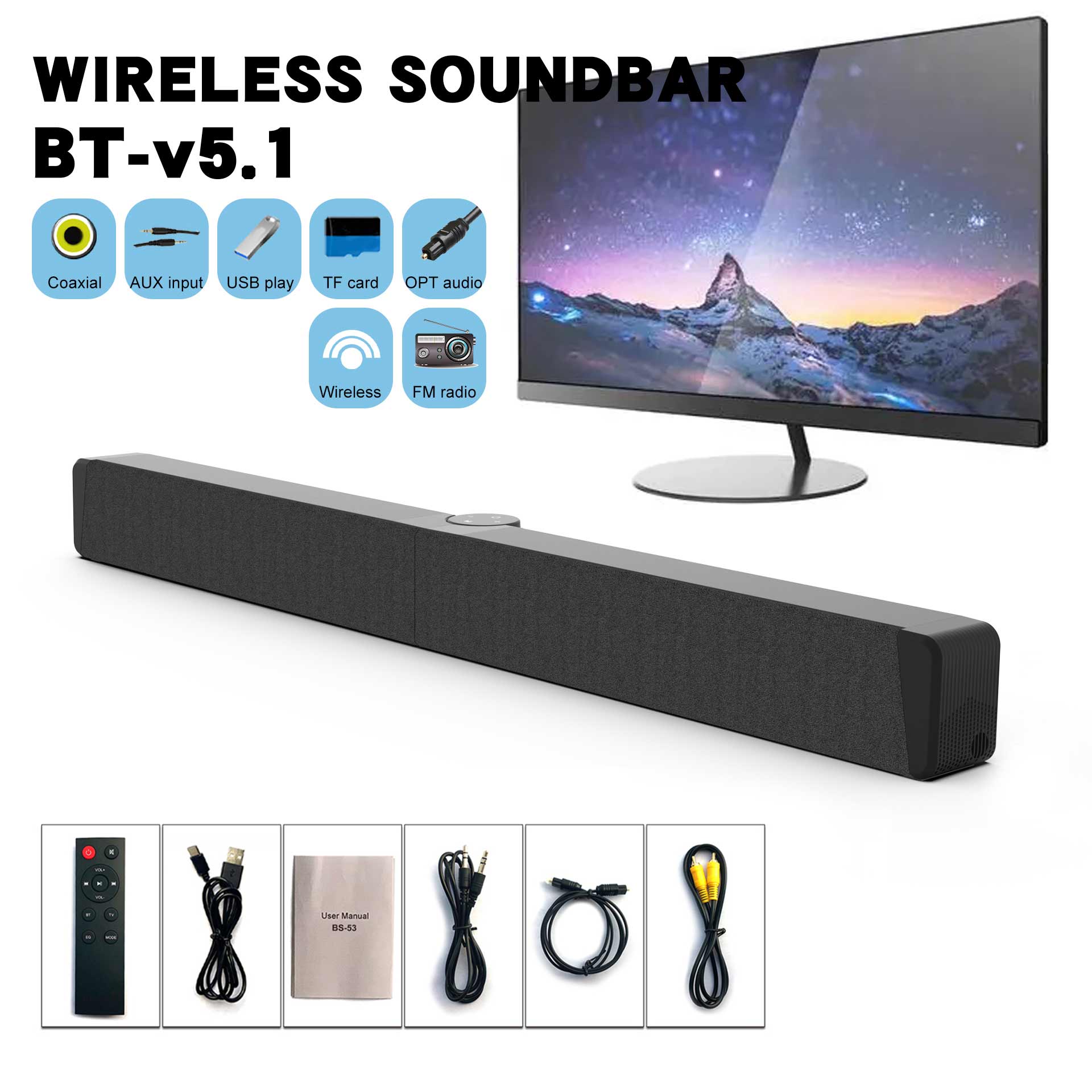 Foldable Sound Bars For TV Speaker, Bluetooth 2.1, Opt, Coaxial, USB, AUX Inputs, Projector TV Sound Bar, PC, Home Theater, 3D Surround Sound System - 26.8 Inch Audio