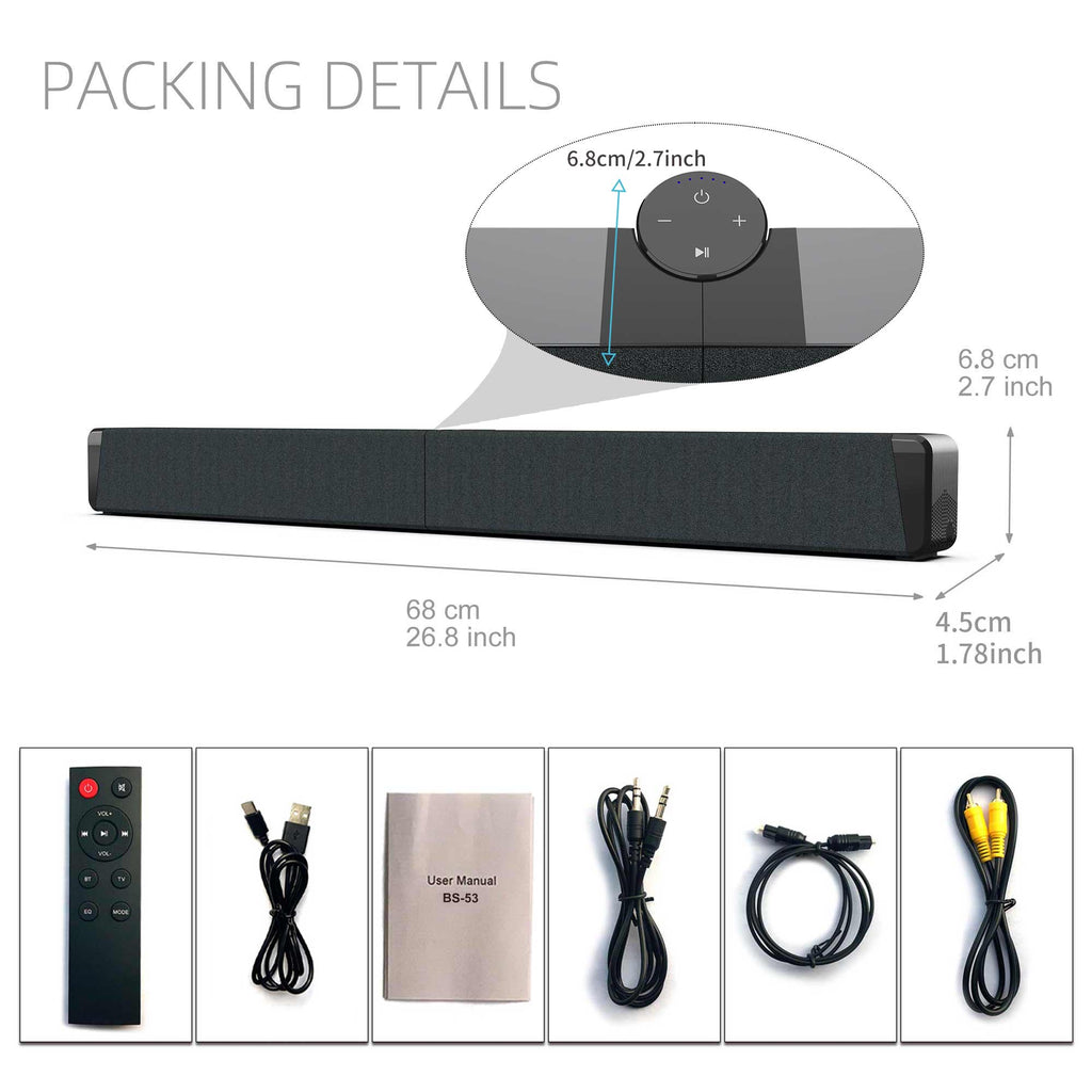 Foldable Sound Bars For TV Speaker, Bluetooth 2.1, Opt, Coaxial, USB, AUX Inputs, Projector TV Sound Bar, PC, Home Theater, 3D Surround Sound System - 26.8 Inch Audio